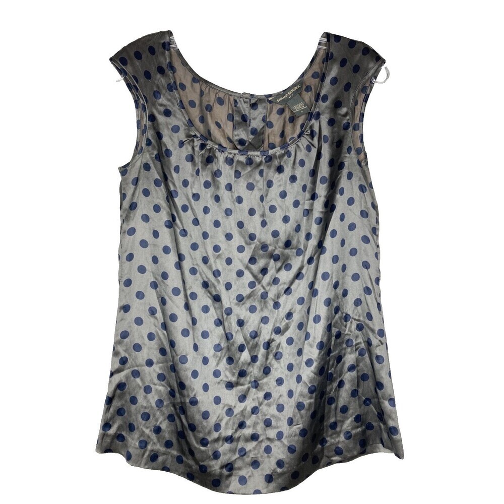 Banana Republic Silk Blouse Women Small Gray Navy Blue Polka Dots Cap Sleeve - Picture 3 of 5